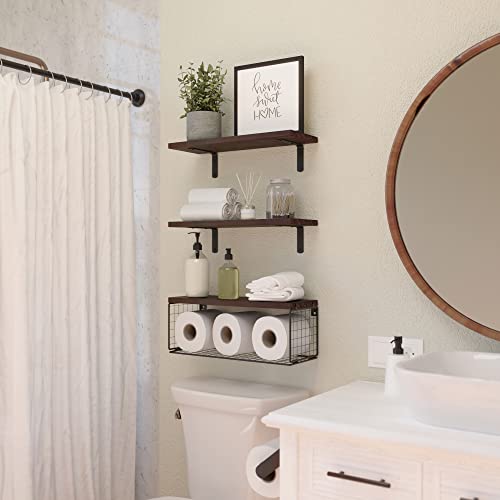 Wopitues Floating Shelves Wall Mounted, Rustic Wood Bathroom Shelves Over Toilet With Paper Storage Basket, Farmhouse Floating Shelf For Wall Decor, Bedroom, Living Room, Kitchen–Carbonized Brown #TOP4