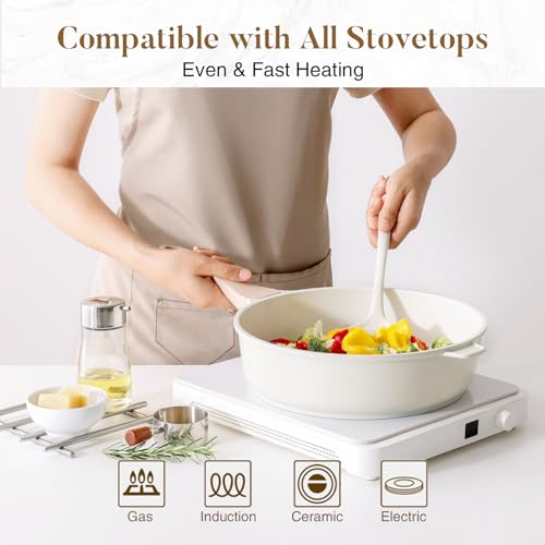 Image of Kordisen Nonstick Ceramic Deep Frying Pan, 11 Inch Non Toxic Skillet with Lid, Healthy Jumbo Cooker, Saute Pan for Cooking, Induction Cookware, PFOA & PFAS Free (Cream)