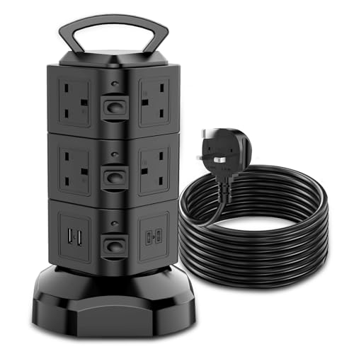 Tower Extension Lead 2M 10 Way (13A 3000W) Surge Protected Extension Sockets with 2 USB C and 2 USB A Multi Plug Socket with 3 Independent Switches Power Strip for Home Office Kitchen