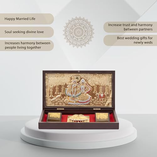 Image of Idolkart Radha Krishna Pocket Temple 24 Karat Gold Coated - Radhakrishna Photo Frames, Gift, Pooja Box Crafted from Wood | for Wealth, Prosperity & Vastu Benefits - Housewarming Gift - 4x8