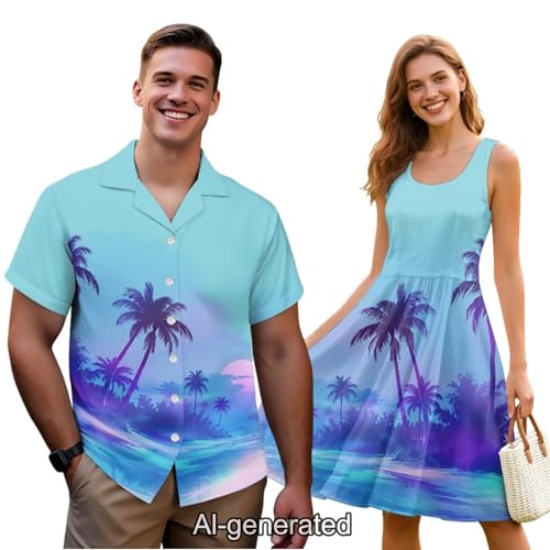 Image of Dreaweet Summer Dresses for Women A-Line Sleeveless Flowy Sun Dresses,Men's Casual Button-Down Shirts,Couple Matching Outfits