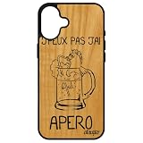 Custodia protettiva per iPhone 16+ Plus in legno di silicone j'peux Pas J'Ai apero Comique Biere farcito Nero Drole 256 GB Pesce Apple
