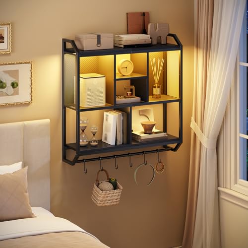 Image of HOOBRO Gaming Floating Shelves with LED Lights, 28.7 inch LED Wall Mounted Shelf, 3-Tier Display Rack for Wall Storage, Floating Rack with Hanging Rod and 6 S-Hooks, for Gaming Room, Black BB70DBJ01