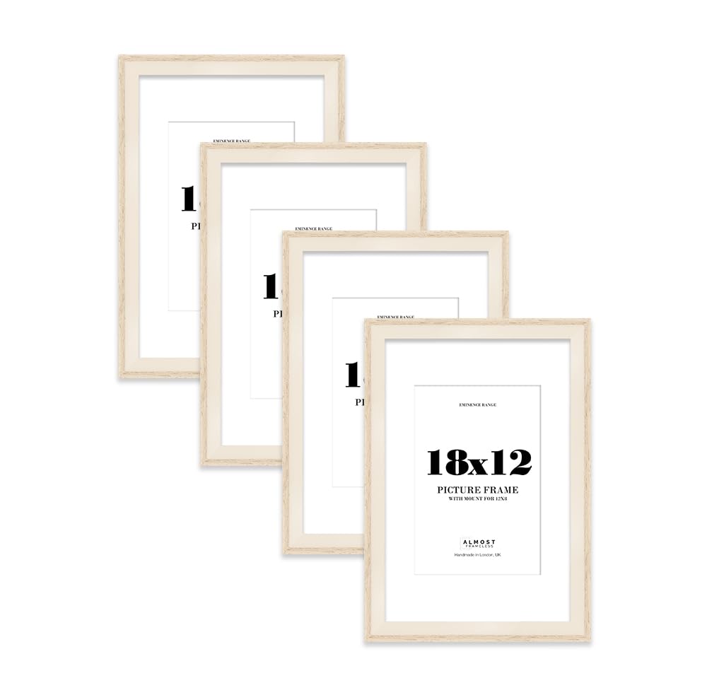 18x12" Oak Picture Frame with 12x8" Mount - Shabby Chic Photo Frame with Distressed Finish, Wall Hooks, 32mm Edge - 4 Pack