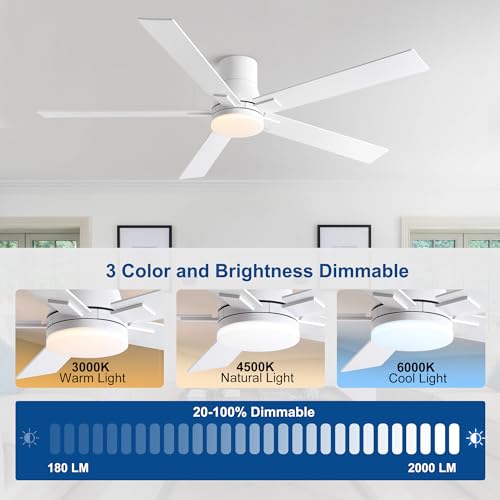 Image of Rayqueen 60 Inch Flush Mount White Ceiling Fans with Lights and Remote
