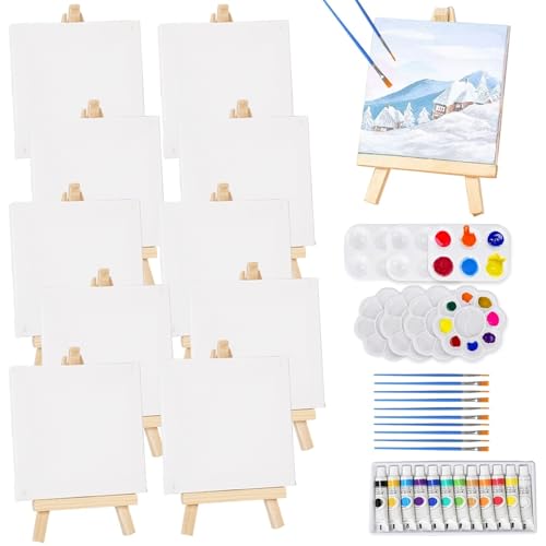 Sheryl&Rain Juego de 49 mini lienzos y caballete, juego de pintura en lienzo pequeño con 12 pinturas acrílicas/10 pinceles/7 paletas, mini caballete de madera para pintura infantil, artista (lienzo 10