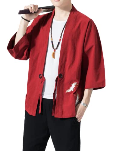 Image of Men's Japanese Kimono Cardigan Loose Cotton Linen 3 /4 Sleeve Open Front Casual Summer Shirt Jackets