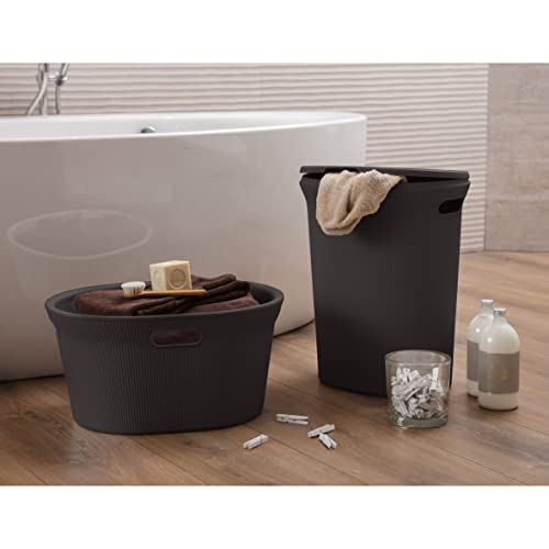 Image of Superio Ribbed Collection - Decorative Plastic Laundry Basket with Cut-Out Handles, Brown (1 Pack) Hamper Organzier for Bedroom Bathroom College Dorm Room 35 Liter