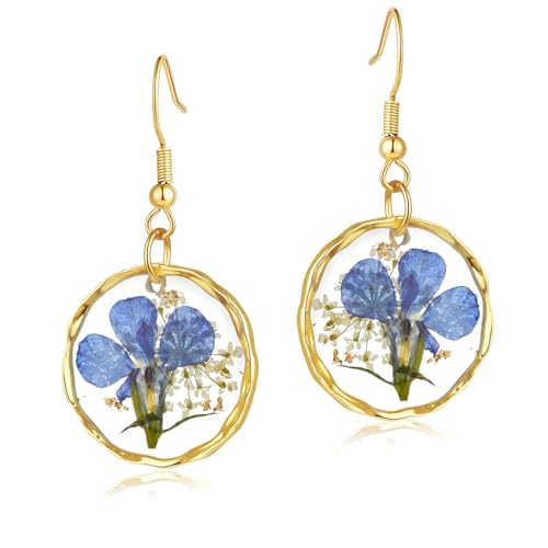 Hefestus Flower Earrings for Women,Lobelia Real Pressed Flower Earrings,Unique Handmade Design Dangle,Cute Earrings,Thoughtful Gift for Christmas,Valentine's,Mother's Day (Blue Lobelia)