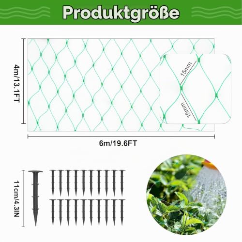 4m x 6m Vogelnetze Vogelschutznetz Engmaschig, mit 20 Schwarzen Erdankern (11 cm), Vielseitiges Taubennetz Balkon, Netz Garten für Früchte, Saatgut, Teichabdeckung, Pflanzenzaun und Erdbeer-Schutznetz