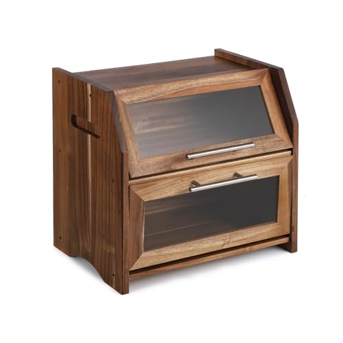 GarveeHome Bread Box, Double Layer Acacia Wooden Bread Bin with Clear Acrylic Door Panel, Air Vents, Countertop Bread Container, Rustic Brown Bread Holder for Home Made Bread, Bagels