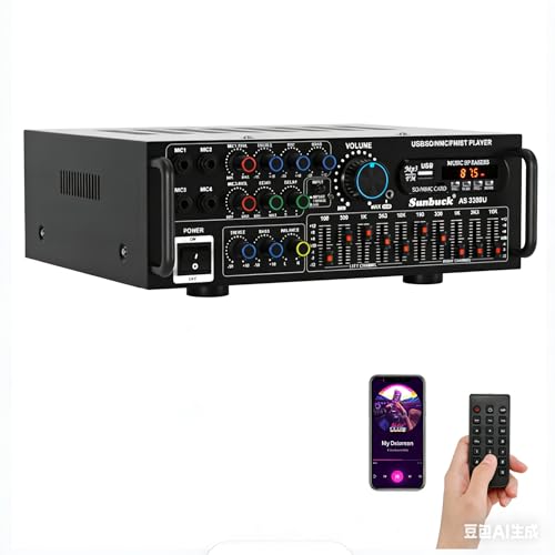 Stereo Hi-Fi Power Amplifier 2000W with Bluetooth 5.0 FM Radio USB/SD 5-Band EQ Mixer 4 Mic Inputs & Remote Control AV Karaoke Amplifier for Home Entertainment Party TV Laptop & Speakers