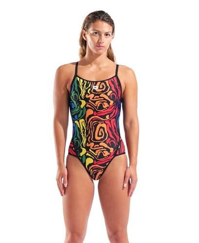 ARENA Performance Women's Let It Beat Colors Super Fly Back One Piece Swimsuit Thin Straps Chlorine Resistant Durable Competitive Training Bathing Suit, Multi/Black, US Size 32