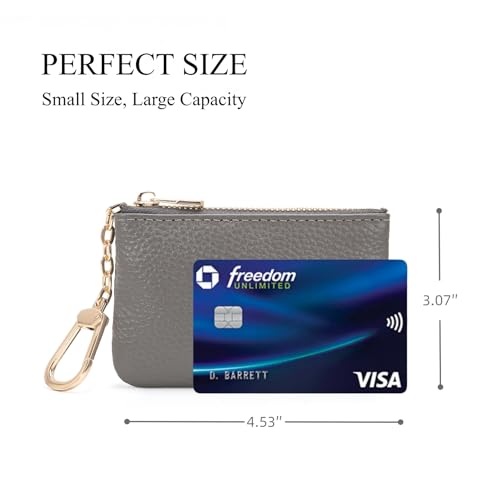 Image of Full Grain Leather Coin Purse with Key Chain - Small Change Purse Keychain Card Holder Keychain Pouch Small Keychain Wallet for Women and Men (Gray)