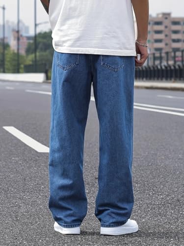 Image of THIRD QUADRANT Men's Relaxed Fit Non-Stretch Blue Denim Jeans | Classic Straight Leg | Everyday Jeans