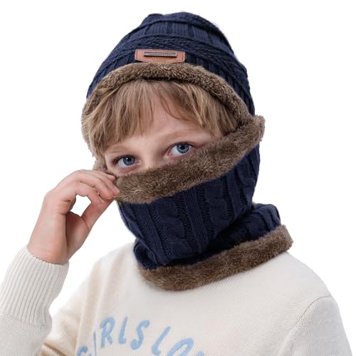Image of Zando 2Pcs Kids Winter Hat & Scarf Set - Knitted Beanie Winter Hats for Boys & Girls, Ages 5-14, Navy Blue
