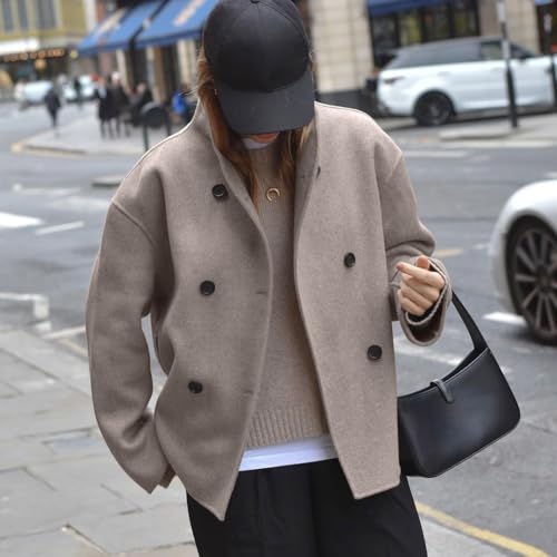 Kurzer Wollmantel für Damen, für Herbst und Winter, stilvolles zweireihiges Design mit Verwendung (S Khaki)