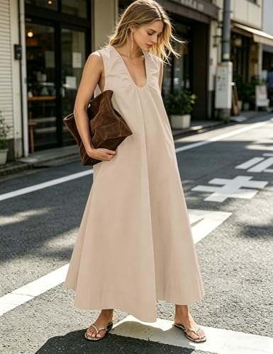 Image of Women Flowy Maxi Dress Ruched Sleeveless Long Dress Vacation Fashion Summer Casual Loose Fit Sundress with Pockets