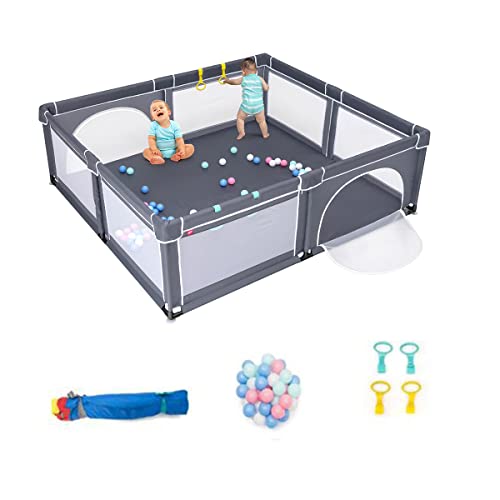 COSTWAY Parque Infantil Bebe,206x185,5x68cm, Corralito Bebe con 2 Puertas, Centro Actividad Portátil con Redes Transpirables y Ventosas Antideslizantes, 50 Bolas y 4 Anillos (gris oscuro)