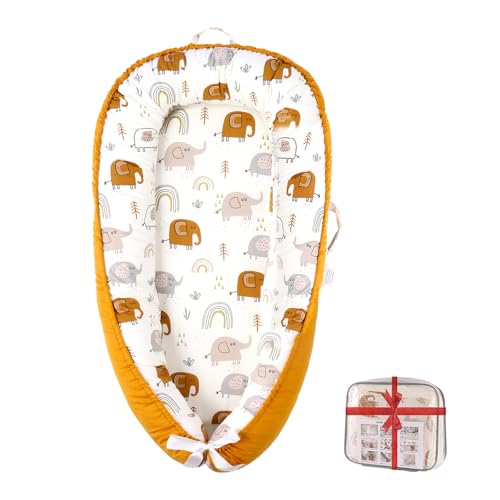 Image of Fasando Baby Lounger, 100% Cotton 0-24 Months Breathable Soft Baby Nest Co Sleeper, Reversible Adjustable Portable Baby Lounger Nest for Newborn, Infant Lounger for Home & Travel (Gold Elephant)