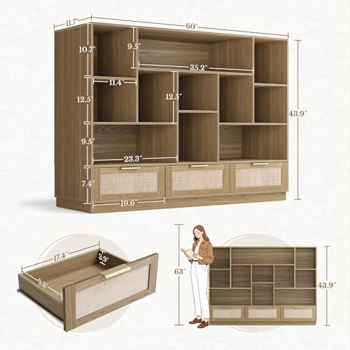 Perledesign Home Office Furniture Set, 67\'\' Standing Desk with 44\'\' Bookshelf, Electric Height Adjustable Desk with 2 File Cabinet, AC/USB and Bookcase with 3 Drawers, Rattan Style Natural Oak
