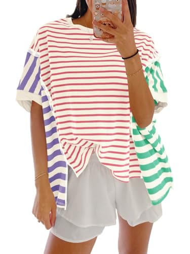 Tankaneo Womens Oversized Striped T-Shirts Color Block Short Sleeve Tee Tops Summer Casual High Low Hem Shirts