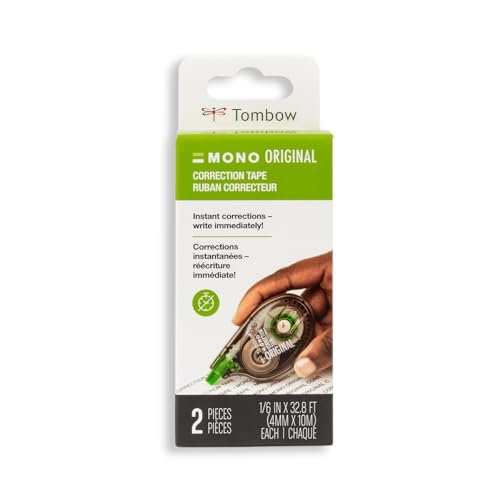 Tombow 68627 MONO Correction Tape, Non-refillable, White, 1/6" x 394", 2 Count (Pack of 1)