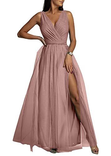 Tomwell Robe de Cocktail Femme Élégante Col en V Longue Party Dress Sexy Chic Tulle à Paillettes A-Line Soirée Couleur Unie B Rose M