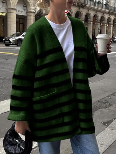 Saodimallsu Womens Oversized Striped Cardigans Open Front Chunky Knit Casual Loose Fit Long Sleeve Sweater Coats3