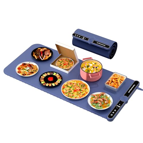 Electric Food Warmer, Portable Food Warming Tray with 6 Timers, 9 Temperature Settings, Waterproof Silicone Heating Mat for Buffet Party, Home Dinners & Gatherings, 80.5 * 38 * 2.5cm (8 Dishes), Blue