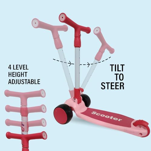 Image of NHR Foldable 3 Wheel Kick Scooter for Kids Up to 6 Years with Colorful LED Flashing Wheels, 4 Level Height Adjustable Handlebar, Tilt-to-Steer & Rear Press Brake Toy for Boys Girls (Pink)