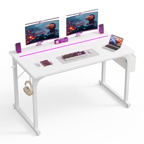 Image of DurayLoly 48 Inch Computer Desk with LED Lights for Home Office,Bedroom Study Desk for Teens, Sturdy Metal Frame,Headphone Hook & Storage Bag,Small Space Design,White