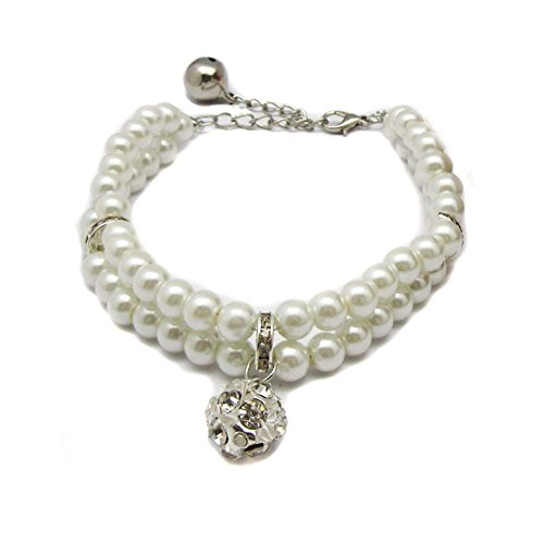 PETFAVORITES 2 Row Pearls Rhinestones Pet Cat Dog Necklace Collar Jewelry with Bling Crystal Ball Charm for Pets Cats Small Dogs Female Puppy Chihuahua Yorkie (White 8 to 10-Inch)