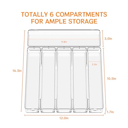 Yieach Clear Large Silverware Organizer 12 inch Wide for Kitchen Drawers,BPA Free Silverware Trays,Plastic Silverware Dividers & Holder,Utensil and Flatware Drawer Organizer Suitable for Fork,Spoon