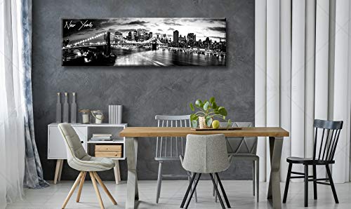 Image of New York Skyline Canvas Wall Art, B&W Brooklyn Bridge Print 13.8x47.3 | NYC Cityscape Print, Bedroom Office Decor, Canvas Wrapped Frame, Wide Panoramic Art, Ready Hang, Urban NY Wall Decor