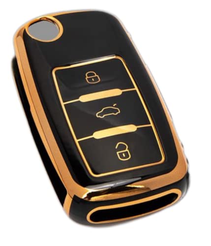 Image of TPU Car Key Cover Black & Golden Compatible for Skoda Rapid, Laura, Superb, Octavia, Fabia, Yeti (Skoda, 3 Button Flip Key)
