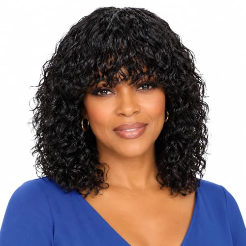 LYOLKSER Short Water Wave Human Hair Wig with Bangs 200% Density 12 Inch