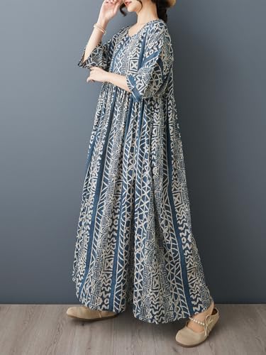 Image of Women Plus Size Dresses Summer Vintage Print O Neck Oversized Boho Vacation Casual Robe with Side Pockets