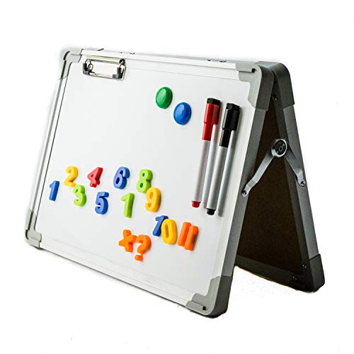 IbexStationrs Dry Erase Desktop Whiteboard Easel for Home Learning, Magnetic Tabletop White Board, Portable Whiteboards with Paper Clip, Magnetic Numbers, 2 Color Markers with Eraser Tip 12X16