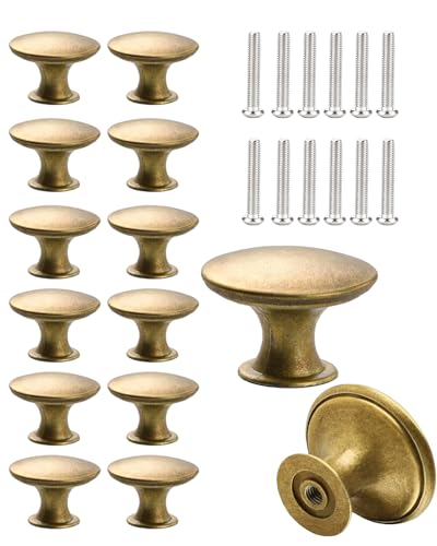 Fokroin Perillas de Latón Vintage, 12 artículos, 30 mm, Tiradores de Muebles Redondos, Mango de Armario con Tornillos para Gabinete, Cajones, Cocina, Baño