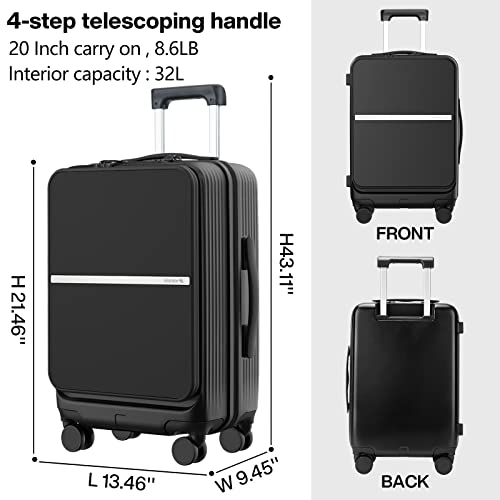 Hanke Carry On Luggage With Front Laptop Pocket, 20" Pc Hard Case Suitcases With Spinner Wheels & Tsa Lock,Rolling Luggage For Business Travel And Short Trip(Black) #TOP1
