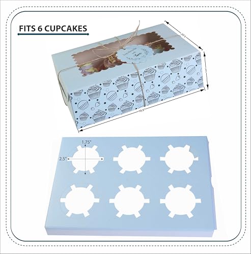 Image of mudrit Cupcake Boxes with Insert Trays (Pack of 10), Cupcake Carrier, Food Grade Bakery Boxes with Windows to fit 6 Cupcakes, Muffins or Pastries (Blue)