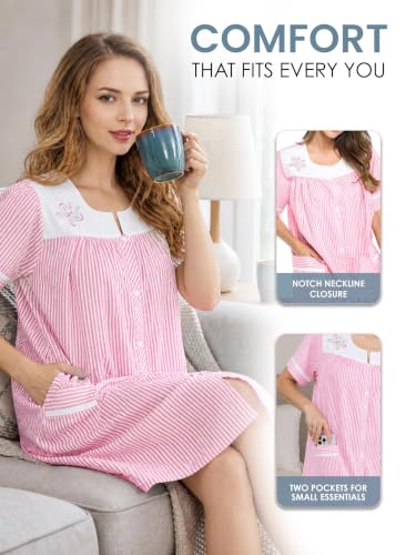 Image of Casual Nights Women's Snap - Front House Dress Short Sleeve Woven Housecoat Duster Lounger Robe with Pockets