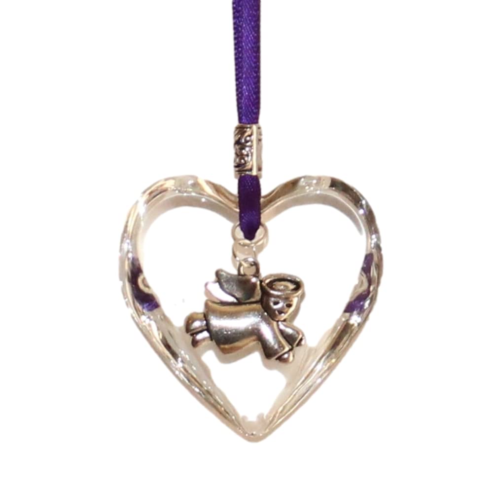 The Heart Shack Purple Glass Heart Keepsake On Deep Ribbon With Cherub Angel Charm