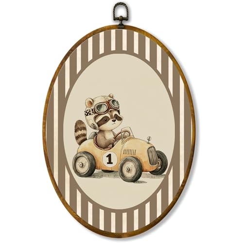 Raccoon Race Car Oval Canvas Wall Art, Rustic Vintage Car Animal Decor