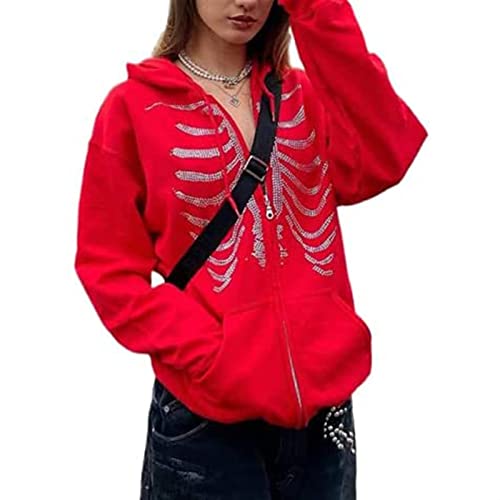 Y2k Moletom Zip Up Estética Gráfica Moletom Com Capuz Moletom Com Capuz Rhinestone Esqueleto Pulôver