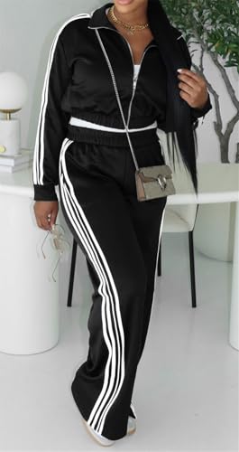 Women's Sexy 2 PCS Zipper Stripes Pathwork Jackets Bodycon Wide Leg Pants Cocktail Party Outfits Tracksuit Set4