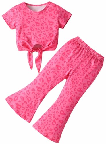 Image of Toddler Baby Girl Outfits Short Sleeve T-shirt + Flared Pants 2 Pieces Summer Kids Casual Leopard Print Set 1-7 Years