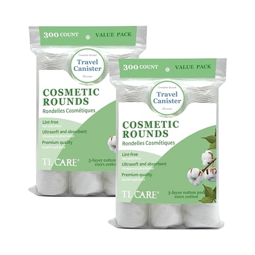 TL Care Rondas de algodón 100% premium (600 unidades) con recipiente de viaje, sin pelusas, ultra suaves y absorbentes, almohadillas de algodón de 3 capas para eliminación de rostro y maquillaje