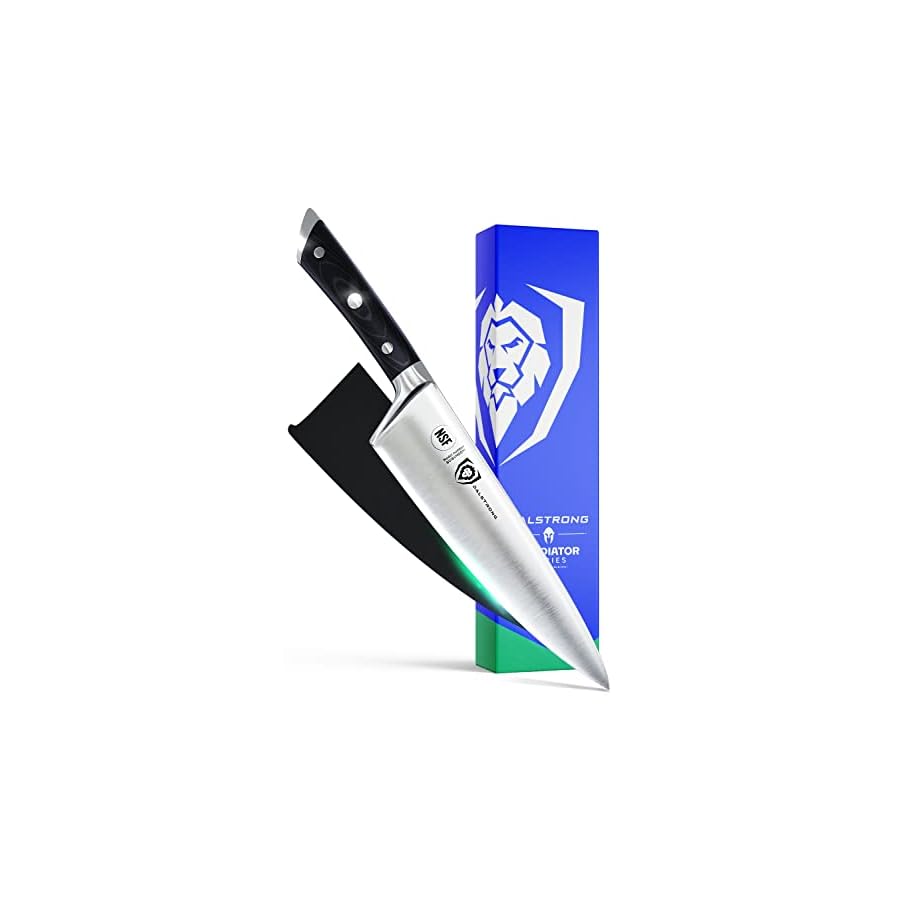 Dalstrong-Chef-Knife-8-inch-Gladiator-Series-Forged-High-Carbon-German-Steel-Razor-Sharp-Kitchen-Knife-Full-Tang-Black-G10-Handle-Sheath-Included-NSF-Certified DALSTRONG Chef Knife - 8 inch Blade - Gladiator Series ELITE - Forged HC German Steel Chef's Knife - Razor Sharp Kitchen Knife - Professional Full Tang Knife - Black G10 Handle - Sheath -NSF Certified